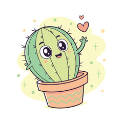 Cute kawaii cactus character waving hello in a potted plant illustration isolated on transparent background