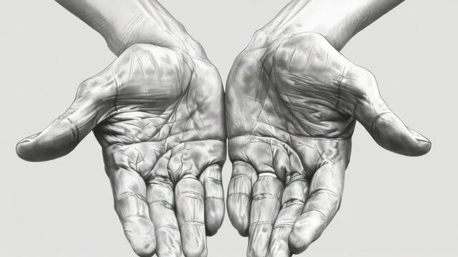 A pair of human hands raised in a gesture of prayer or blessing.