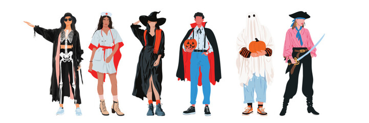 Group illustration of people in halloween fancy dress costumes for party celebration and trick or treat fun