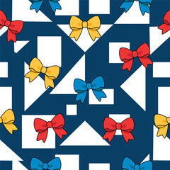 Seamless pattern with bows in flat design style, neat symmetrical bows on a checkered background, bright contrasting graphics.