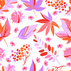  Fall pattern with colorful leaves, berries and flowers on white background. Maple leaves, acacia, oak, rowan berries in pink and purple colors. Vector autumn illustration.