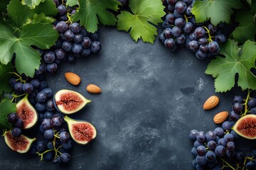 Top view fresh figs and grapes fruit on table background