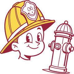 Cartoon firefighter character helmet and fire hydrant simple graphic design isolated on transparent background