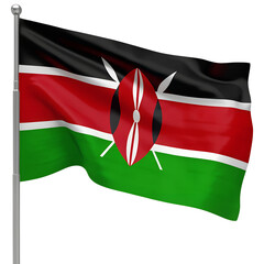 Waving Kenyan Flag with Shield and Spears Emblem Visible, Side Angle, Isolated PNG.