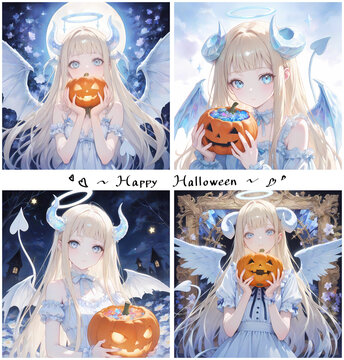 天使のような悪魔の少女。ジャック・オ・ランタンを両手で持った金髪の悪魔。漫画風AIイラスト4枚セット