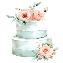 watercolor blue wedding cake with flowers and leaves decoration isolated png transparent background