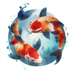 Koi fish swimming in water circle traditional asian illustration