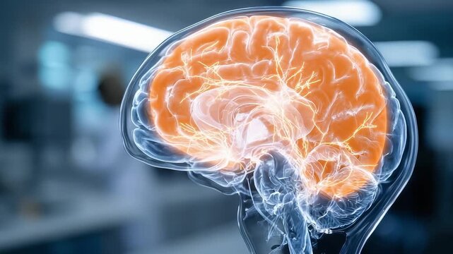 Side view of a human brain MRI showing orange-highlighted neural activity.