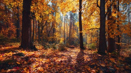 Fototapeta premium Autumn forest with colorful fall leaves and amber sunlight