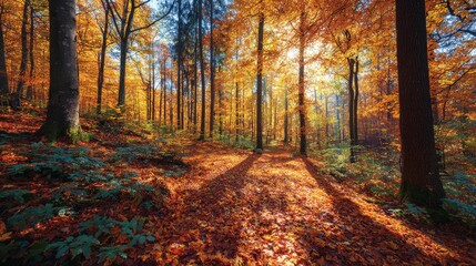 Obraz premium Autumn forest with colorful fall leaves and amber sunlight