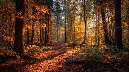 Obraz premium Autumn forest with colorful fall leaves and amber sunlight