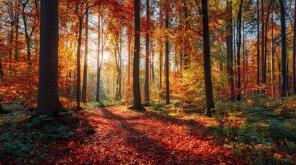 Autumn forest with colorful fall leaves and amber sunlight