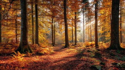 Obraz premium Autumn forest with colorful fall leaves and amber sunlight