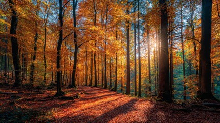 Fototapeta premium Autumn forest with colorful fall leaves and amber sunlight
