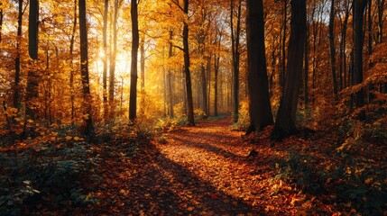 Autumn forest with colorful fall leaves and amber sunlight