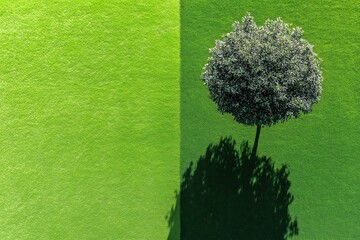 Minimal landscape with single tree on green split background