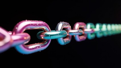 view reveals a metallic chain with a gradient of vivid colors, showcasing a range of vibrant hues from pink, blue, and green, accented by shimmering droplet textures against a dark background,...