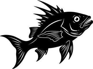 Dramatic silhouette of a spiky fish with detailed fins and expressive eyes captured in black