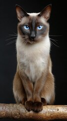 A captivating image of a Siamese cat, showcasing its striking features against a stark black backdrop.  The cat's expressive eyes and smooth fur create a sense of serene elegance.