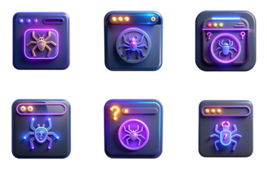 High quality photo of futuristic cyberpunk scifi game icons with neon glow isolated on transparent background