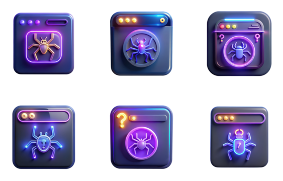 High quality photo of futuristic cyberpunk scifi game icons with neon glow isolated on transparent background