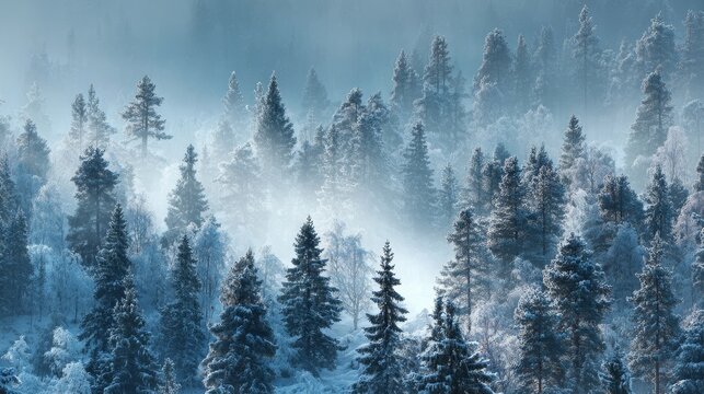 Dense boreal forest with snow-covered pine trees and winter fog