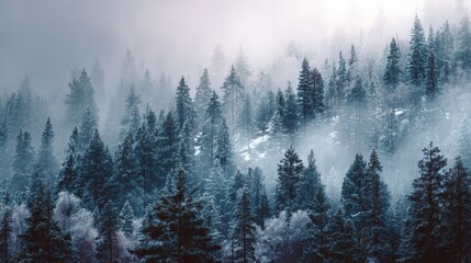 Dense boreal forest with snow-covered pine trees and winter fog