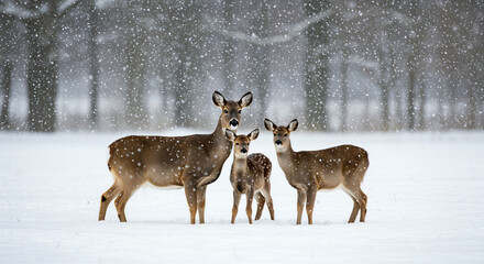 Obraz premium Family of deer standing in snowfall during winter season 
