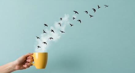 Hand holding a yellow mug with birds flying out of steam