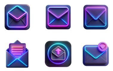 High quality photo of glowing neon email icons with a dark backdrop isolated on transparent background