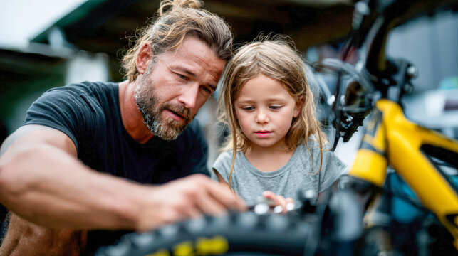 A bearded father teaches his young daughter to repair a yellow bicycle outdoors, a moment of practical learning and close bonding on a sunny day