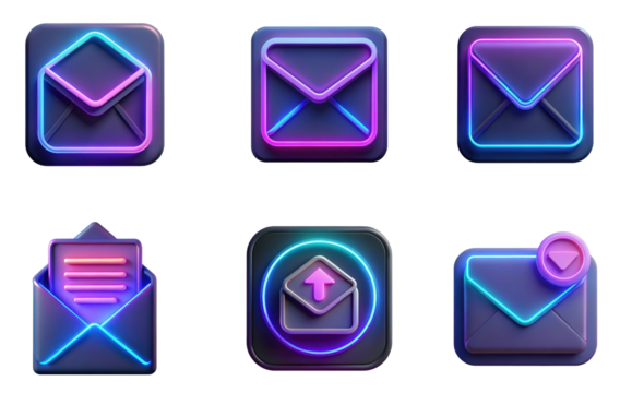 High quality photo of glowing neon email icons with a dark backdrop isolated on transparent background