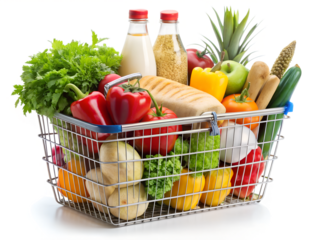 Full shopping basket overflowing with fresh groceries isolated on transparent background