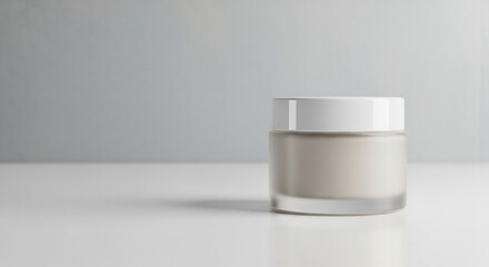 Studio Product Shot of Unbranded Frosted Glass Cream Jar on White Surface with Copy Space