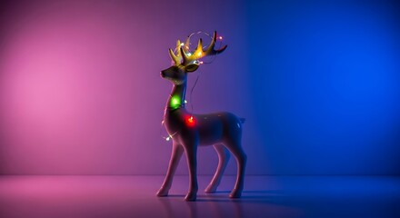 A decorative reindeer adorned with colorful christmas lights against a vibrant backdrop