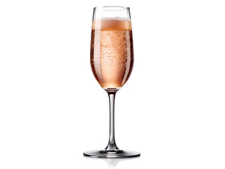 A flute glass filled with pink champagne or sparkling wine isolated on transparent background