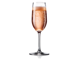 A flute glass filled with pink champagne or sparkling wine isolated on transparent background