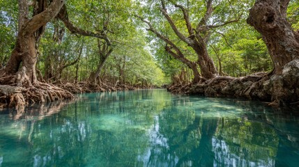 Mangrove forest with twisted roots and turquoise water reflections