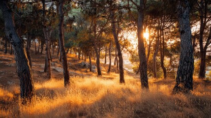Fototapeta premium Mediterranean pine forest with dry golden grass at sunset
