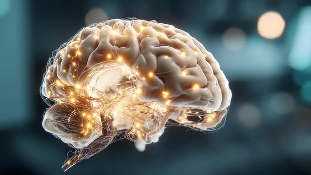 A 3D rendering of a human brain with glowing neural connections and electrical activity.
