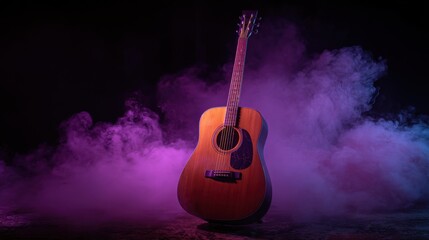 A beautifully crafted acoustic guitar stands alone surrounded by vibrant swirling smoke in shades of purple and blue set against a dark background evoking a mysterious vibe.