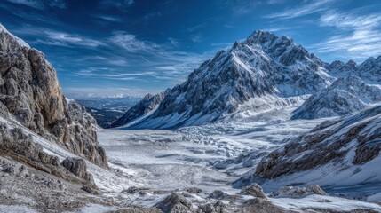 Majestic snow-covered peaks tower over a vast glacier