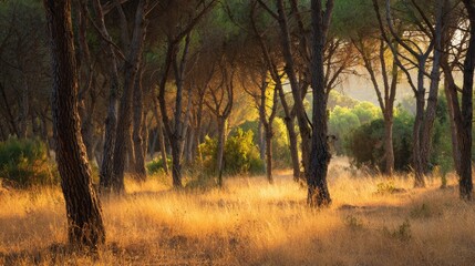 Mediterranean pine forest with dry golden grass at sunset