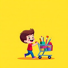 A boy pushing a shopping cart full of art supplies