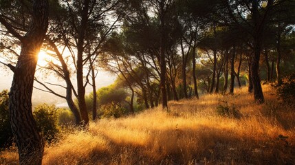 Mediterranean pine forest with dry golden grass at sunset