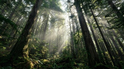 Misty temperate rainforest with towering ancient trees and sunlight beams