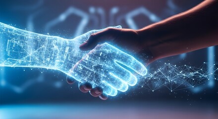 Futuristic handshake of human and digital hologram symbolizing man and machine connection in sci-fi style