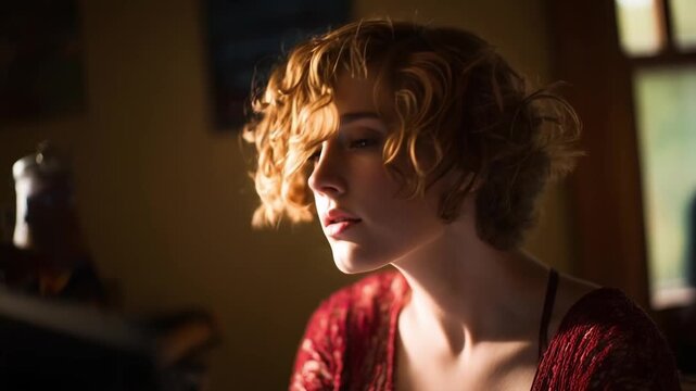 A young woman with short, curly hair sits indoors, looking down at a screen in warm, dim light.