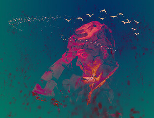 Adult male holding head with cracked texture effect symbolizing anxiety, depression