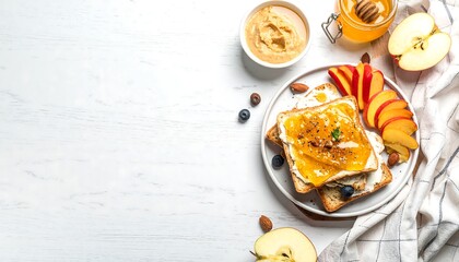 Healthy breakfast toast with fruit and nut butter